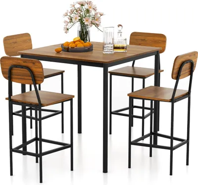 Immagine prodotto di Tavolo da pranzo COSTWAY con 4 sgabelli da bar, tavolo da cucina ad altezza d'uomo, struttura in metallo, gruppo da pranzo, set di tavoli da bar 5 pezzi, gruppo di sedute (marrone scuro)