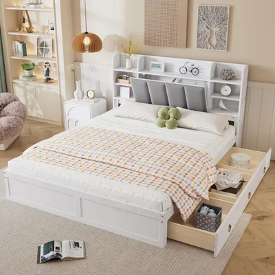 Immagine prodotto di okwish Letto per bambini 160x200 cm con tre cassetti su rotelle, letto a piattaforma, struttura in legno con contenitore e anta a ribalta, bianco (senza materasso)