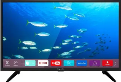 A television screen displaying an underwater scene with fish, and a row of app icons at the bottom.