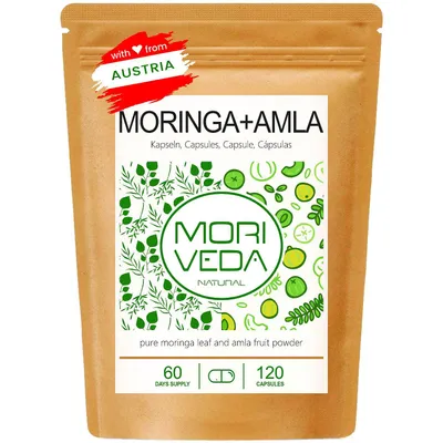 Produktbild von Moringa+Amla Kapseln I Immunsystem & Energie I Moringa Oleifera Blattpulver & natürliches Vitamin C aus Amla (Amalaki) I vegan I 120Stk. von Moriveda