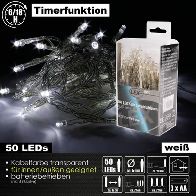 Produktbild von Lex Light LED Lichterkette Batterie 7,35m 50 LEDs kaltweiß Timer Außen