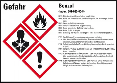 Produktbild von Dreifke® Aufkleber I Gefahrstoffetikett Benzol, gemäß GefStoffV/GHS/CLP, Foli...