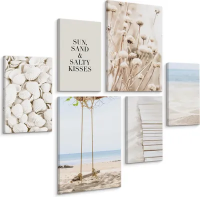 Obrázek produktu pro MURALO SADA OBRAZŮ DO LOŽNICE OBYVACÍHO POKOJE PLÁŽ OCEÁNSKÉ HMYZOVÉ ROSTLINY NATURA STYL BOHO 90x80 - 2 obrazy 30x40 + 4 obrazy 20x30