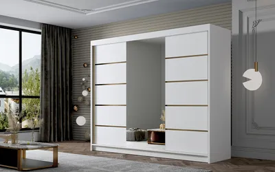 Produktbild von Schwebetürenschrank 3-türig Schrank 250 cm mit Regalen Moderne Kleiderschrank mit Spiegel Garderobe für Kleidung  Modell ARIA VI WEISS