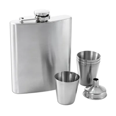 Produktbild von Luxus-Set: Taschenflasche, 4 Schnapsgläser & Trichter in Geschenkbox