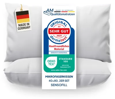 Produktbild von AM Qualitätsmatratzen | Premium 2er Mikrofaserkissenset | 40x80 cm | Kissen aus 100% atmungsaktiver Microfaser | Kopfkissen | Allergiker geeignet