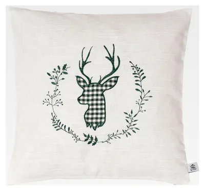 Produktbild von Zirbenkissen beige grün mit Hirschstickerei, Größe 40x40 cm, gefüllt mit Zirbenflocken