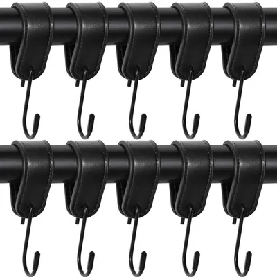 Image de Crochets de suspension 10 pièces, noirs, avec boucle en cuir, crochets en forme de S pour suspendre, crochets polyvalents pour la salle de bain et la cuisine