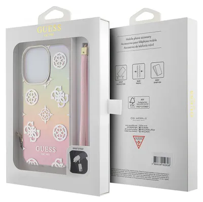 The image shows the retail packaging of a Guess phone case, with the case visible inside the packaging.
