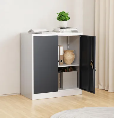 Produktbild von VCM Metall Büroschrank H. 90 x B. 80 x T. 40 cm / Aktenschrank Büromöbel für Ordner / Stahlschrank abschließbar / Flügeltürschrank Malivo 2 fach mit Drehtüren