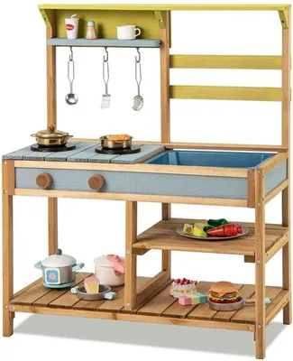 Immagine prodotto di Cucina giocattolo in legno per giocare all'aperto, con lavello e ganci - 102x41x19 cm - Giocattolo per bambini
