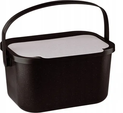 A black trash can with a light gray lid and a black handle.