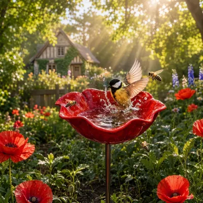 Image de Abreuvoir pour oiseaux en métal, forme de fleur, 65 cm, à planter dans le jardin, résistant aux intempéries, décoration pour les oiseaux et les abeilles