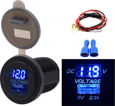 Obrázek produktu pro Autonabíječka s USB porty, displejem napětí, voltmetrem, napájením z vozidla, krytím IP66, vodotěsná, 2,1 A, modrá, DC 12–24 V