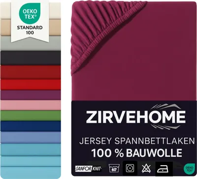 A product image showing a folded fitted sheet in bordeaux color, with a stack of other colored fitted sheets on the left side, and product branding and information at the bottom.