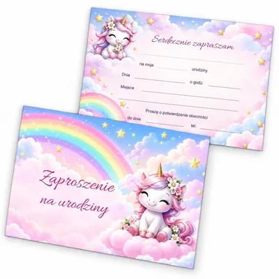 Zdjęcie produktu dla ZAPROSZENIA URODZINOWE Jednorożec Tęcza NA PRZYJĘCIE