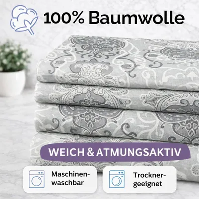 Produktbild von Bettwäsche 240x220 Baumwolle 3-teilig Bettbezug Grau-Weiß Ornamental Elegantes Barockmuster, DariaV1