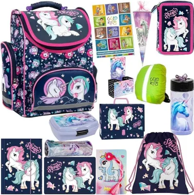 Produktbild von Schulranzen XXL Set 15er Ranzen Tornister Federmappe Turnbeutel Gummizugmappe Zuckertüte Brotdose Trinkflasche Aufgabenheft Aktentasche Einhorn Unicorn Motiv
