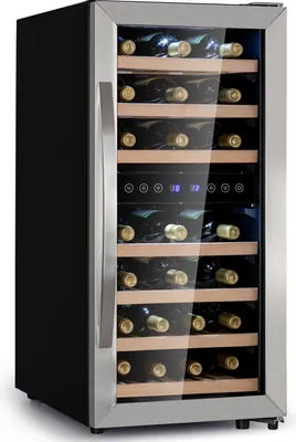 A wine refrigerator filled with wine bottles.