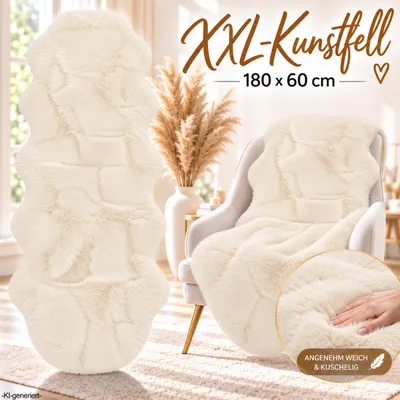 Produktbild von XXL Lammfell 180x60cm Teppich Kunstfell Bettvorleger Schaffell Imitat Doppelfell Creme
