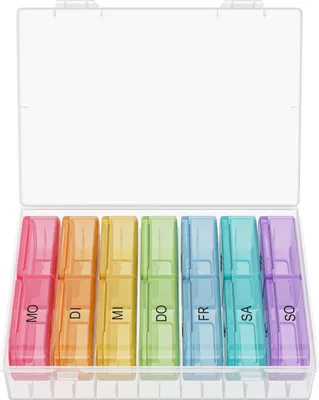 Produktbild von WELLGRO Tablettenbox für 7 Tage - Pillendose je 2 Fächer pro Tag - Klappdeckel mit Druckverschluss - Aufbewahrungsbox - BPA-freier Kunststoff