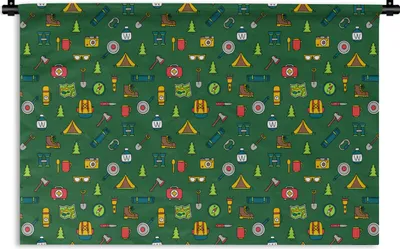Produktbild von MuchoWow® Wandteppich Wandbehang Camping - Zelt - Axt - Rucksack 120x80 cm Tapisserie Dekoration Wandtuch - Wanddekorationen - Wandtücher