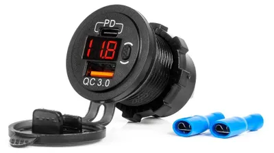 Immagine prodotto di Caricabatterie da auto impermeabile USB e USB-C QC3.0 con tester di tensione 12/24V