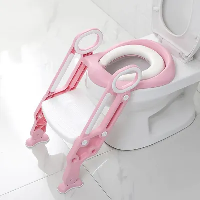 Image de Siège de toilettes pour enfants - Marchepied pour toilettes - Pliable - Réglable en hauteur - Marches larges - 25 à 36 mois - Plastique - Rose/Blanc