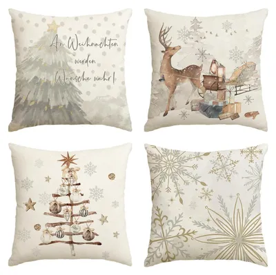 Immagine prodotto di Set di 4 federe per cuscini, 40x40 cm, beige, con decorazioni a fiocchi di neve, alberi, renne, tema natalizio e invernale, ideali per divani e decorazioni per la casa, realizzate in 100% poliestere