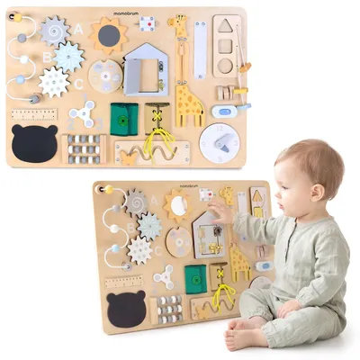 Immagine prodotto di Mamabrum, tavola di legno con attività interattive, dotata di 19 elementi, serrature, forme e un orologio, dimensioni 60 x 40,3 x 6,2 cm, adatta a bambini dai 3 anni in su