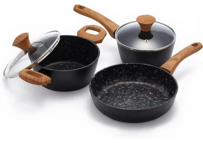 Image de Ensemble de trois ustensiles de cuisine antiadhésifs avec poignées en bois, compatible avec tous les types de plaques de cuisson, sans PFOA, de couleur noire