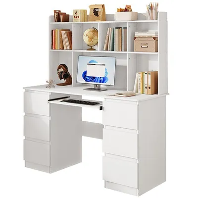 Produktbild von Moderner Schreibtisch mit Aufsatz, weiß, 6 Schubladen, Regale für Büro oder Arbeitszimmer