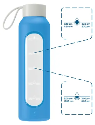 Produktbild von Trinkflasche Glas mit Silikonhülle, 500 ml, Borosilikatglas, mit Zeitangabe, für Sport