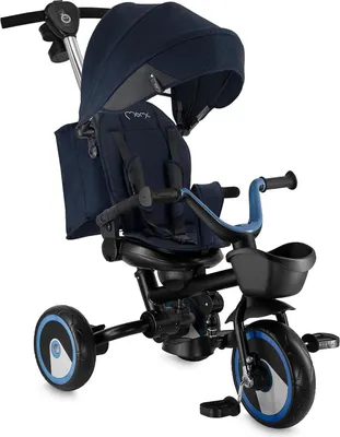 Produktbild von MoMi IVI Kinderdreirad 3-in-1 Blau – 360° drehbarer Sitz, 3-Punkt-Gurt, höhenverstellbare Schiebestange, Sonnendach, PolyurethanRäder, Frontkorb – ab 9 Monaten