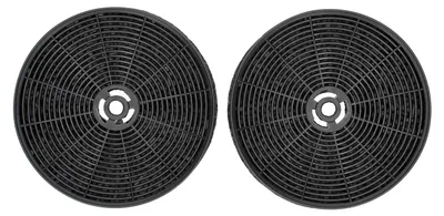 Two round, black charcoal filters are shown side-by-side against a white background.