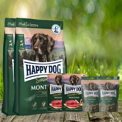 Produktbild von 2 x 10 kg Happy Dog Aktionspaket Sensible Montana + Dosen pur und Leckerli