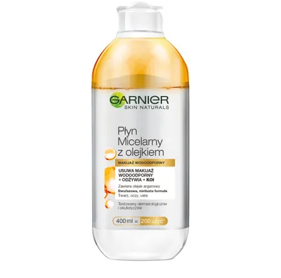 A bottle of Garnier Skin Naturals micellar water with oil.
