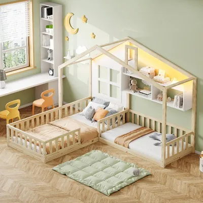 Obrázok produktu pre Detská postel 90x200 cm ako podlahová posteľ s roštom, domčeková posteľ pre deti s oknami, poličkami, LED pásikom a bezpečnostnou zábranou, vyrobená z prírodného dreva