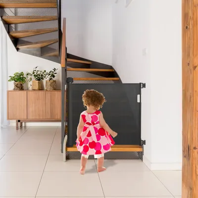 Produktbild von YZNAHRE Treppenschutzrollo Türschutzgitter 150cm Treppenschutzgitter ausziehbar Tür- & Treppengitter mit Auto-Close Kinderschutzgitter PVC Türgitter Baby Schutzgitter, Schwarz
