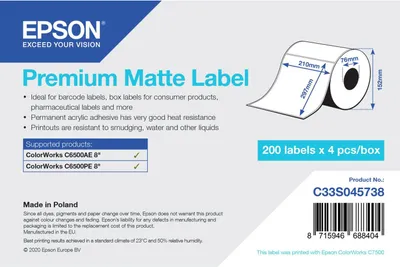 Produktbild von Epson Premium Matte Label - Die Cut Roll: 210mm x 297mm, 200 labels, Selbstklebendes Druckeretikett, Gestanztes Etikett, Tintenstrahl, Acryl, Permanent, Matte
