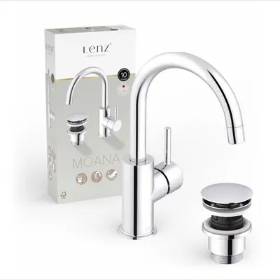 Produktbild von Lenz MOANA Waschtischarmatur Chrom Einhebelmischer mit 360° Schwenkauslauf, Pop-Up Ventil, Keramikkartusche, Gäste-WC 46012302