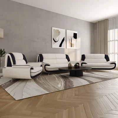 Produktbild von Sofa Set 3-2-1 für Wohnzimmer – Bequeme Weiß-Schwarz Couchgarnitur mit 3-Sitzer, 2-Sitzer & Sessel aus Kunstleder