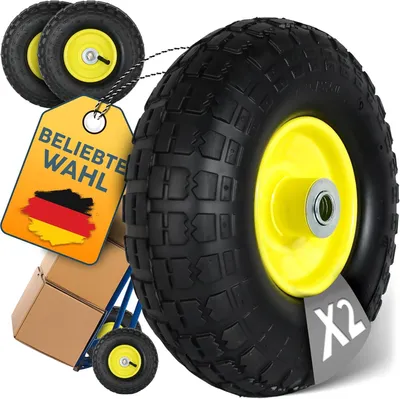 Produktbild von Ersatzrad 4.10/3.50-4 (260×85) – 2 Stück – Luftreifen mit Kugellager – Nabenlänge 50 mm – Achsdurchmesser 16 mm – gelbe Stahlfelge – mit Autoventil – geeignet für Bollerwagen und Sackkarren