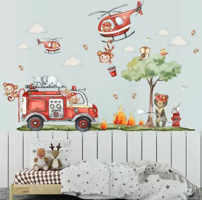 Produktbild von Cartoon Feuerwehrtier Wandsticker, selbstklebend, Kinderzimmerdeko
