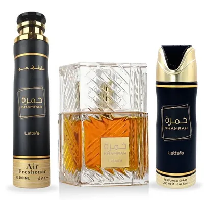 Produktbild von Lattafa EDP Khamrah Geschenkpackung & Parfümiertes Spray 200 ml, Lufterfrischer 300 ml | Geschenkset von Lattafa