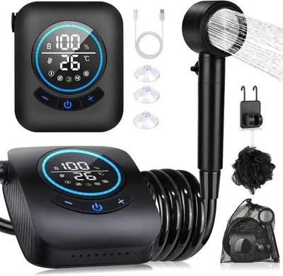 Produktbild von Campingdusche mit Pumpe, [8000 mAh], tragbare Campingdusche, wiederaufladbare Campingdusche, 5 Geschwindigkeitsstufen, Temperaturanzeige, elektrische Dusche für Camping, Wandern, Duschen für Hunde