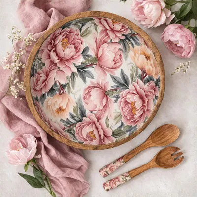 Produktbild von Salat-Set Salatschüssel & Salatbesteck mit Rosen-Design