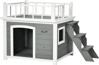 Produktbild von PawHut Hundehütte Hundehaus mit Balkon Erhöhtes Kleintierhaus mit Treppe Fenster