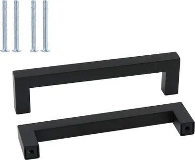 Two black cabinet handles with four silver screws against a white background.