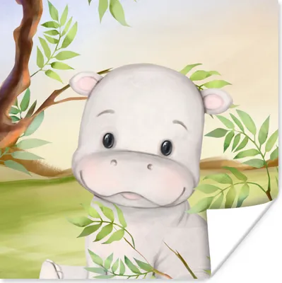 Produktbild von MuchoWow® Poster Nilpferd - Dschungel - Blätter 100x100 cm - Babyzimmer
